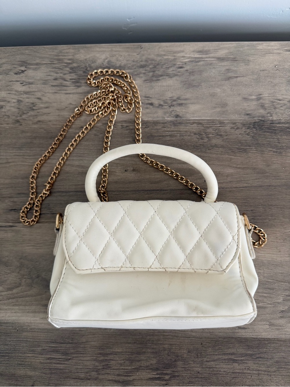 Ivory Quilted Mini Crossbody Bag Gold Chain Top Handle